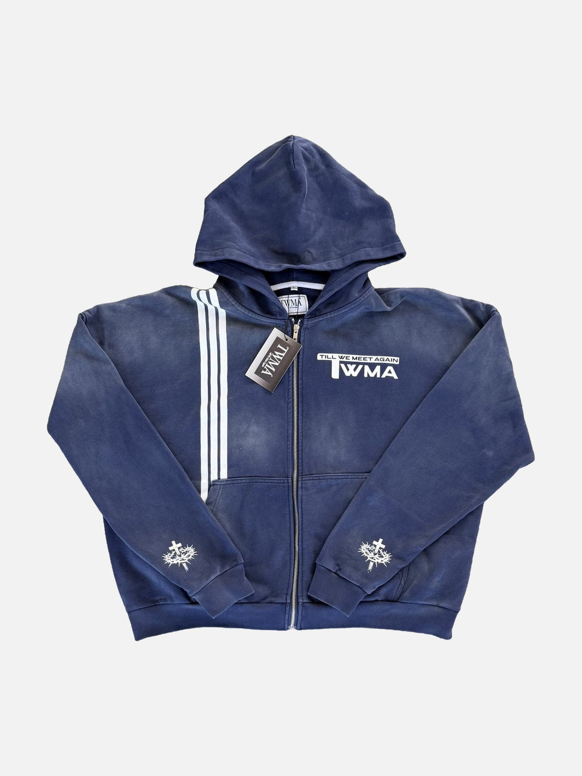 Faith Over Fear Zip-Up Hoodie in navy, voorkant